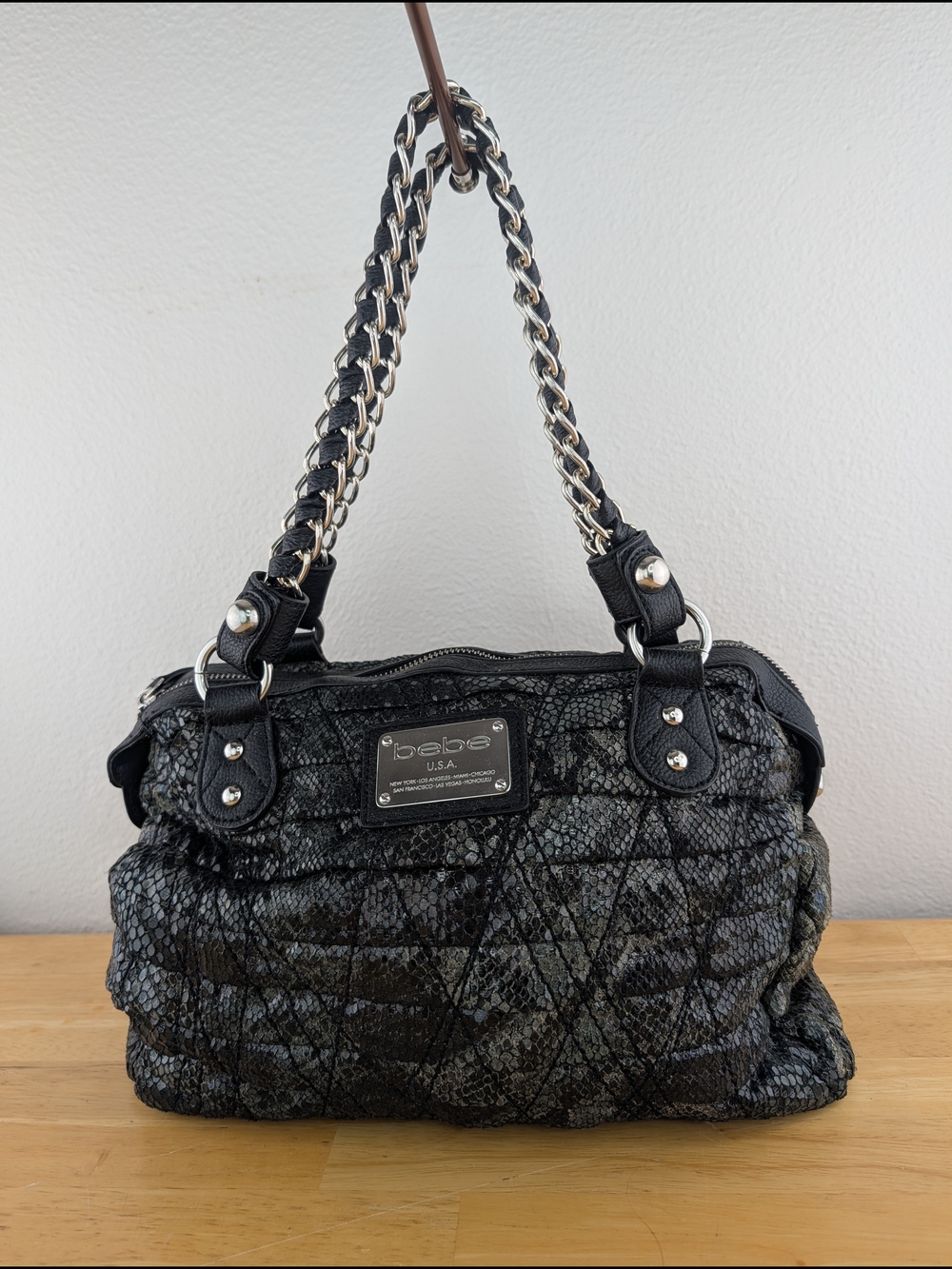 Bebe Black Quilted Snake-Print Shoulder Bag Chain Straps Stud Detail